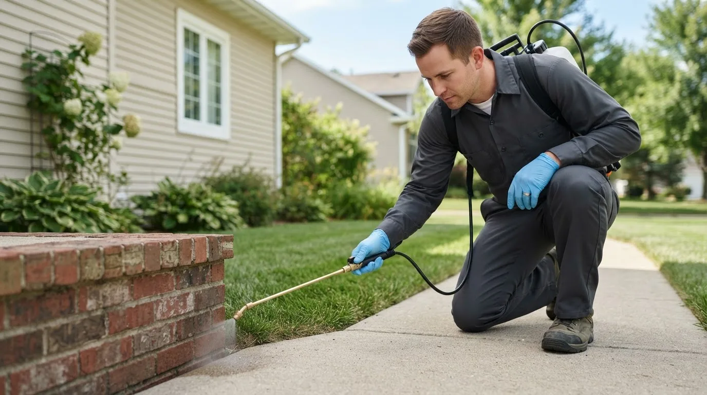 Pest control technician treating a home near Anahuac, TX